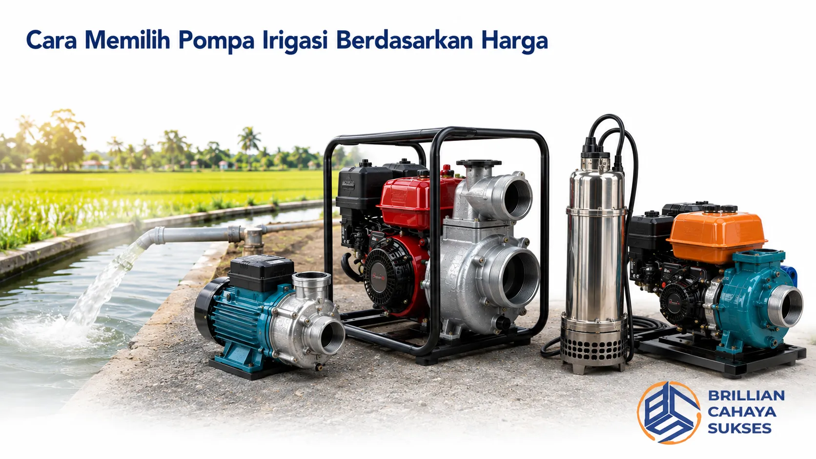 Pompa air irigasi untuk kebutuhan pertanian dengan berbagai kapasitas yang disesuaikan berdasarkan anggaran dan kebutuhan lahan.