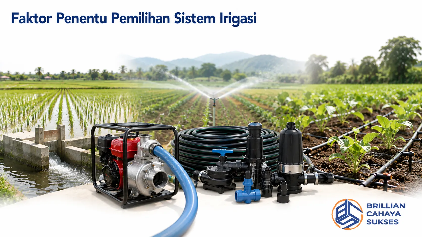 Sistem irigasi modern dengan pompa air dan jaringan distribusi untuk mendukung pengairan lahan pertanian secara efisien.