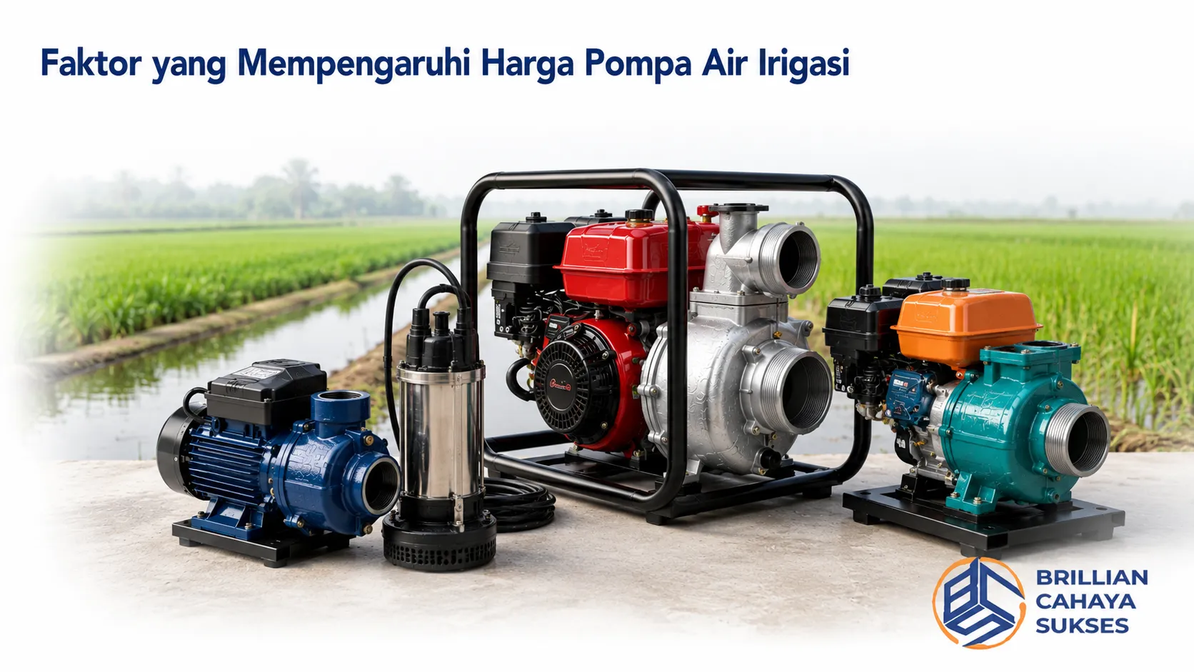 Pompa air irigasi dengan berbagai kapasitas dan spesifikasi untuk mendukung kebutuhan pengairan lahan pertanian.