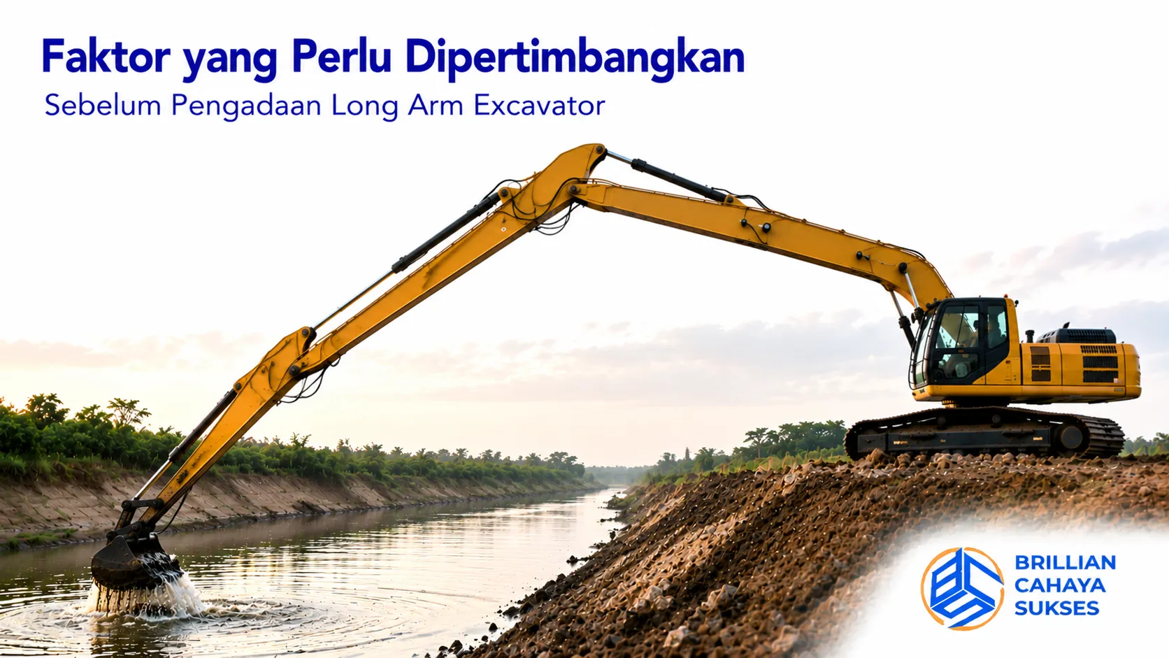 Long Arm Excavator di area pengerukan dengan boom panjang.