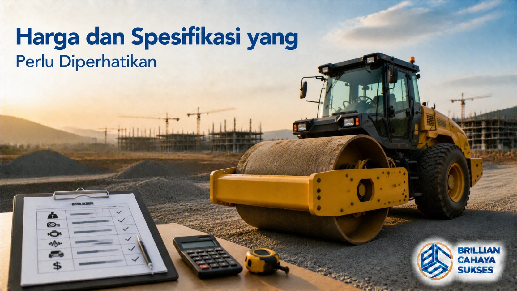 Vibrator roller berwarna kuning berada di area konstruksi dengan perlengkapan pengecekan spesifikasi dan perhitungan biaya di bagian depan sebagai ilustrasi pemilihan alat berat.
