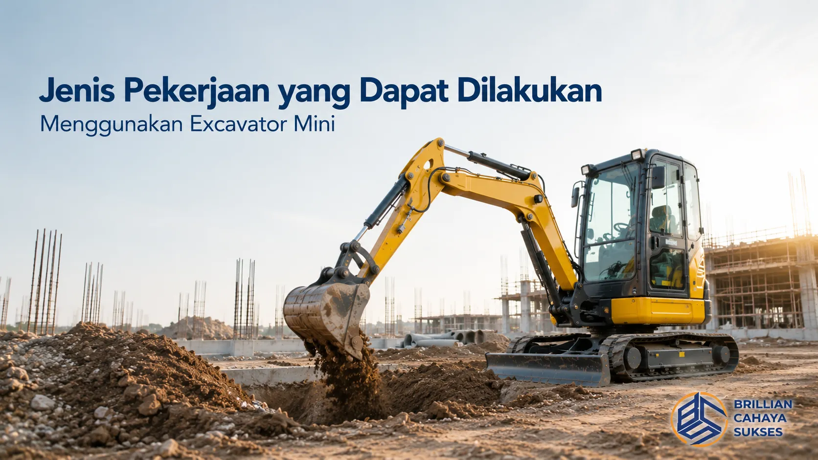 Excavator mini melakukan pekerjaan penggalian di area konstruksi.