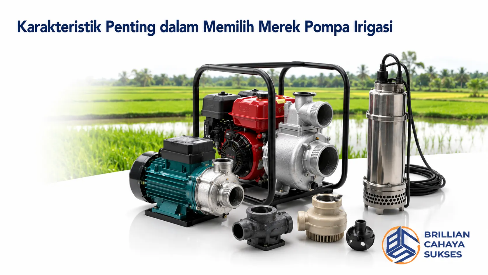 Pompa air irigasi dengan berbagai spesifikasi untuk mendukung sistem pengairan lahan pertanian secara efisien.