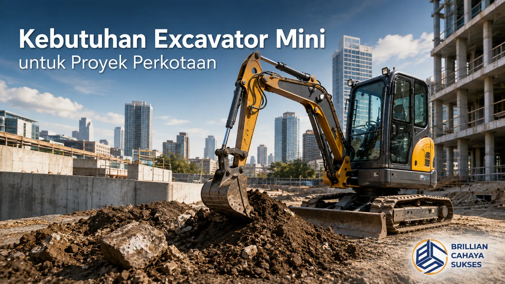 Excavator mini bekerja di area proyek perkotaan dengan latar gedung kota.