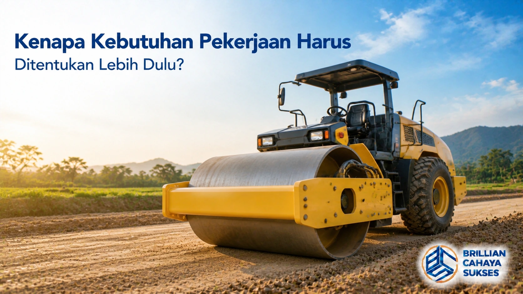 Vibrator roller bekerja untuk pemadatan tanah pada proyek konstruksi dengan area kerja yang luas.