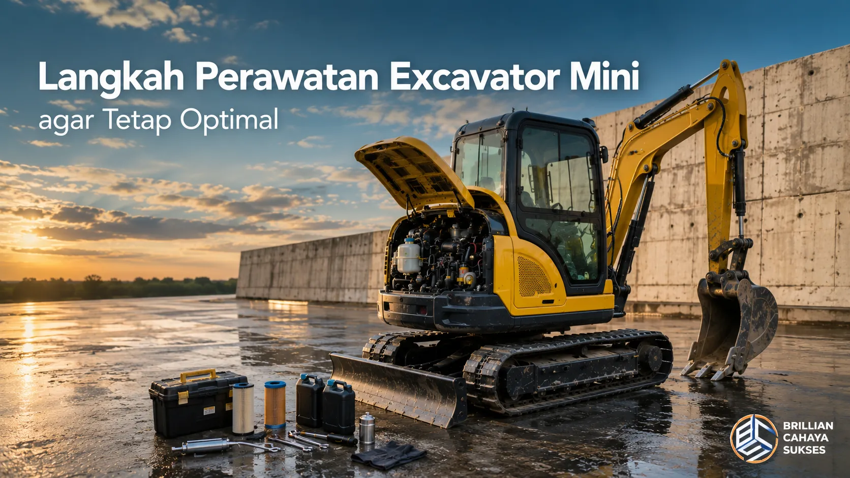 Excavator mini dalam proses perawatan dengan perlengkapan servis.