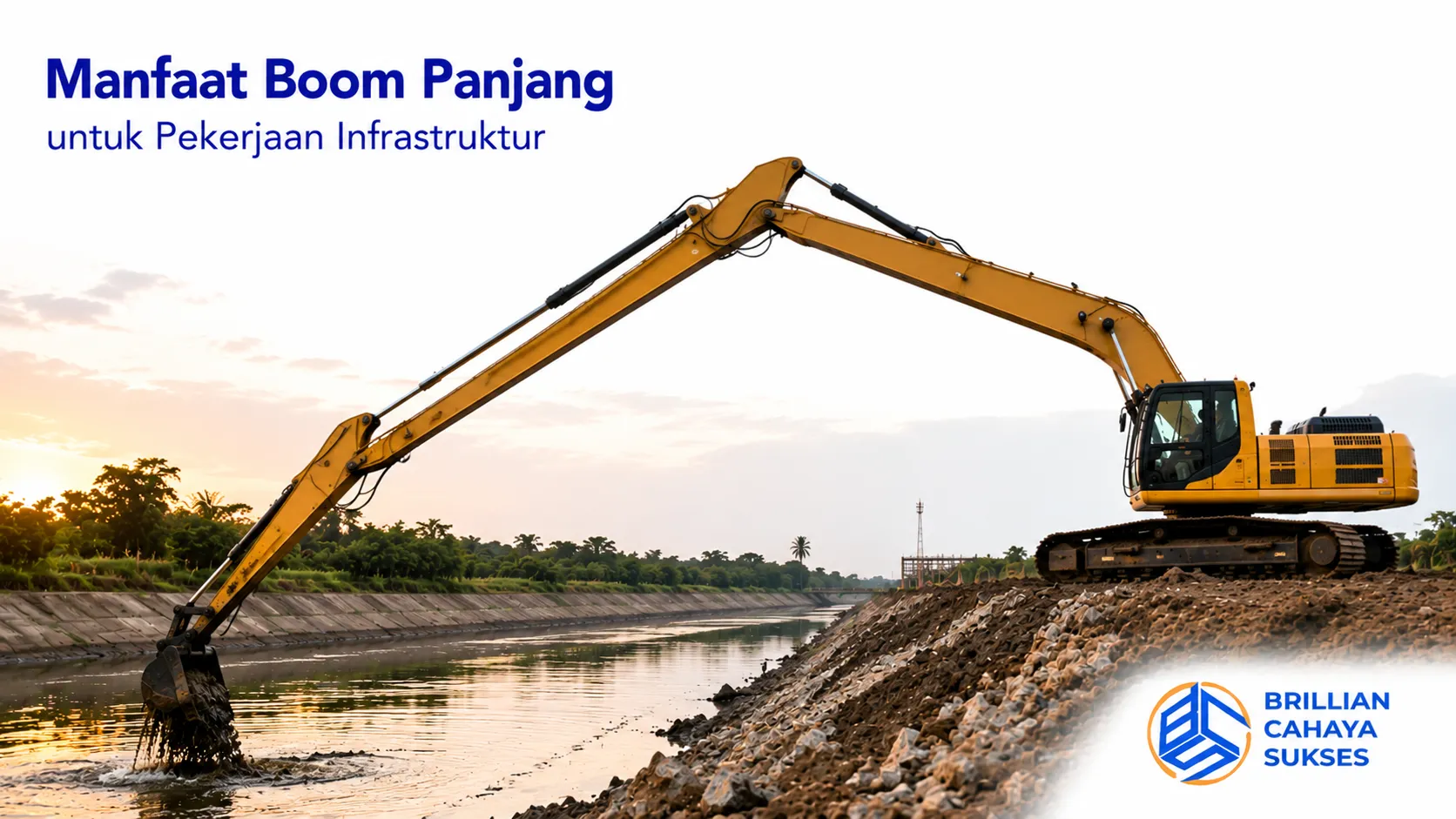Long Arm Excavator dengan boom panjang untuk pekerjaan infrastruktur dan pengerukan.