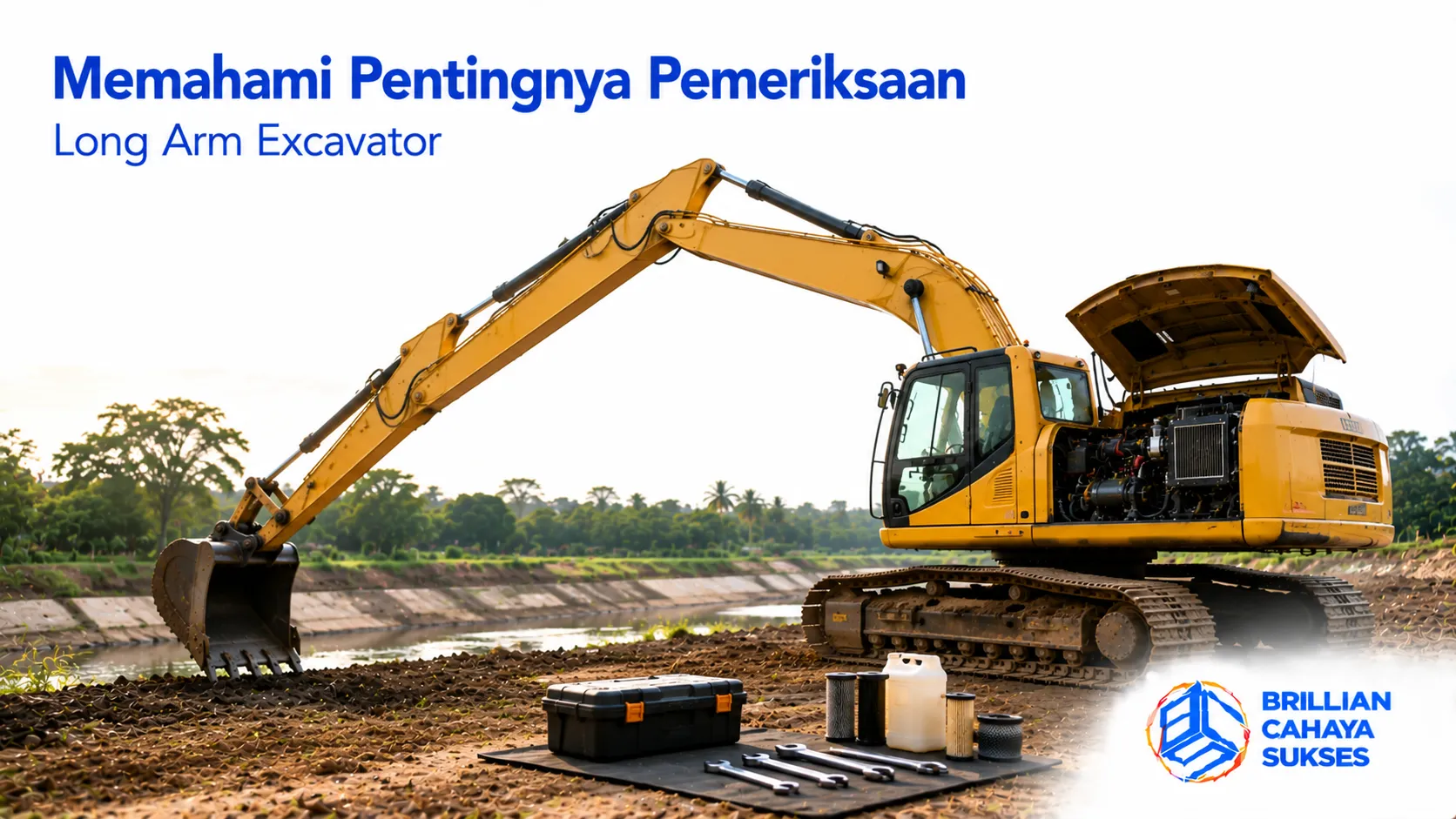 Pemeriksaan Long Arm Excavator untuk memastikan kondisi mesin dan komponen siap digunakan.