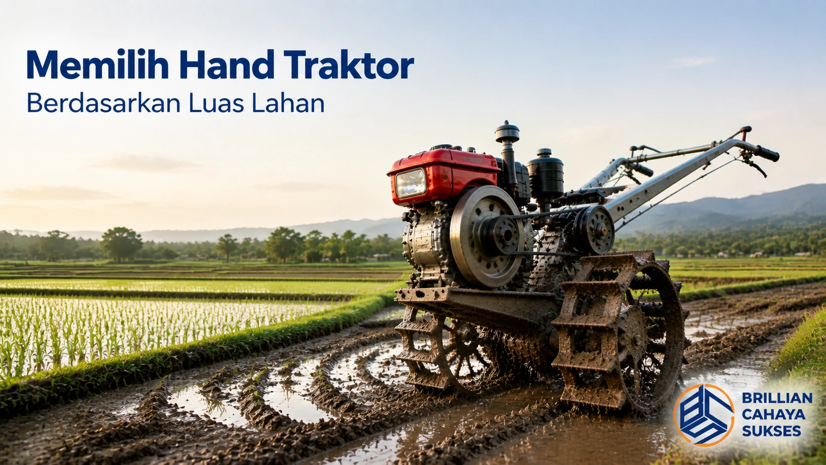 Hand traktor digunakan untuk pengolahan lahan pertanian dengan kondisi tanah berlumpur.