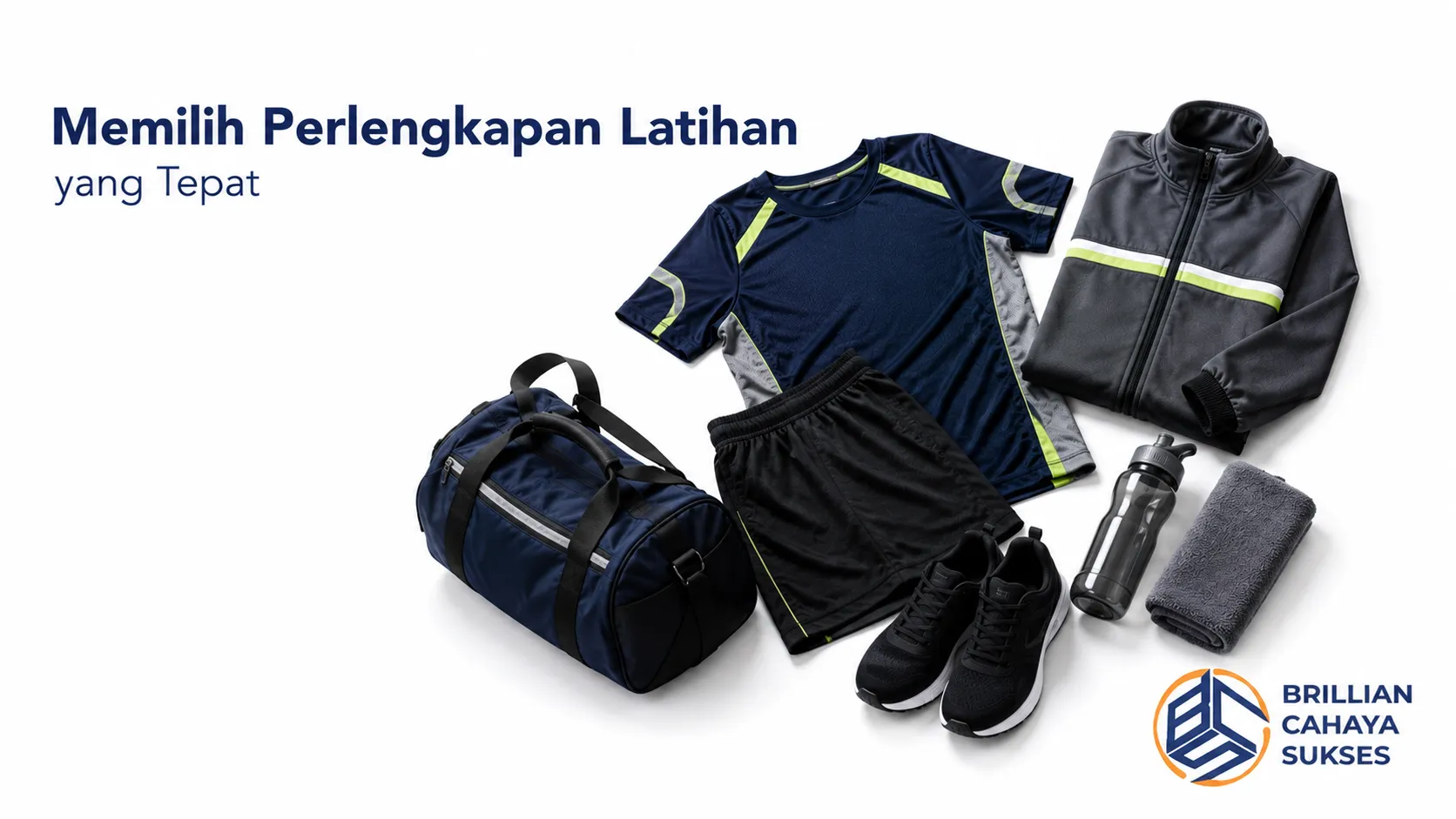 Perlengkapan latihan olahraga berkualitas terdiri dari pakaian, sepatu, tas, dan botol minum untuk menunjang aktivitas fisik.