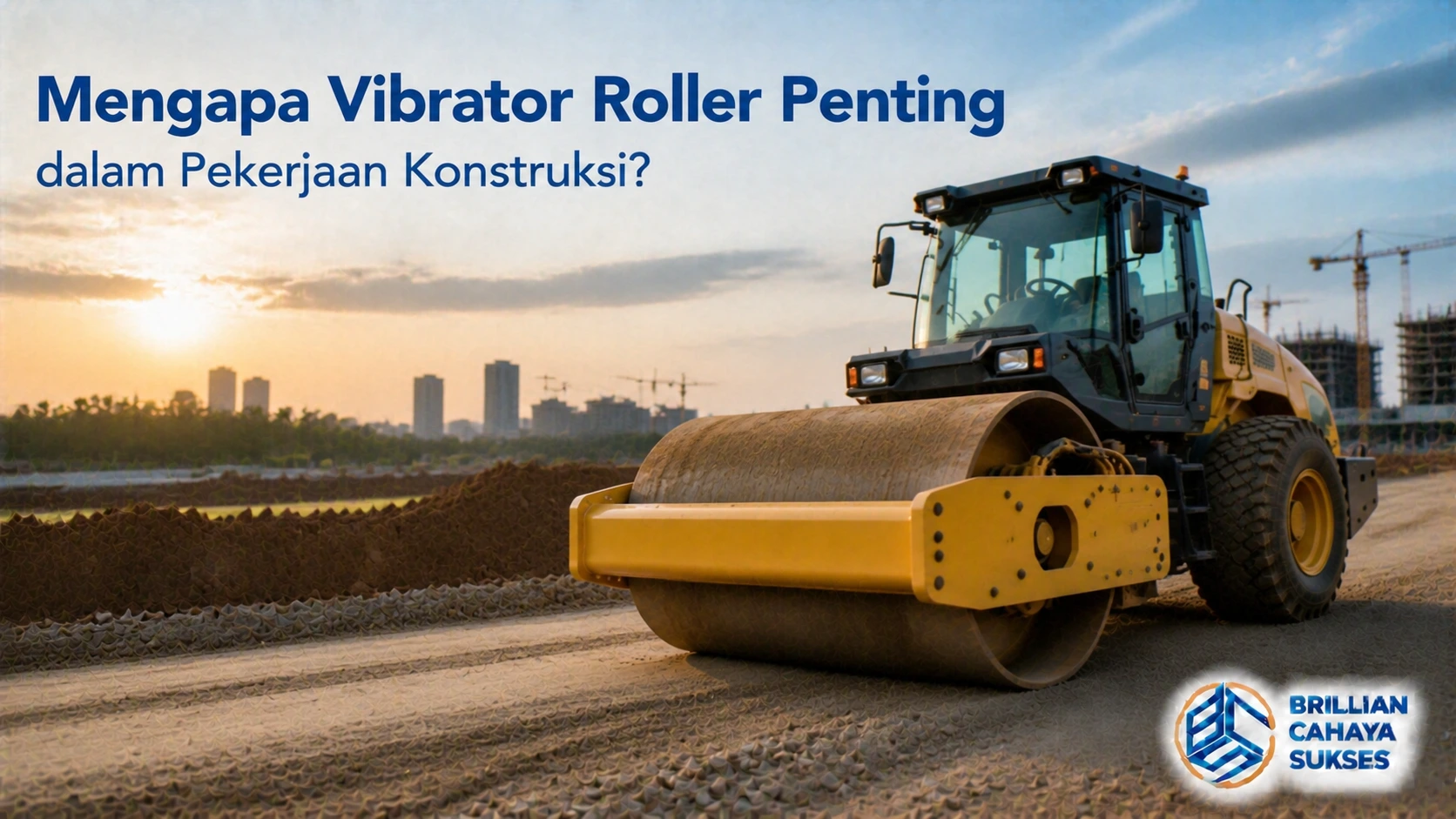Vibrator roller alat berat pemadat tanah berwarna kuning sedang bekerja di area konstruksi dengan latar proyek pembangunan dan jalan yang sedang dipadatkan.