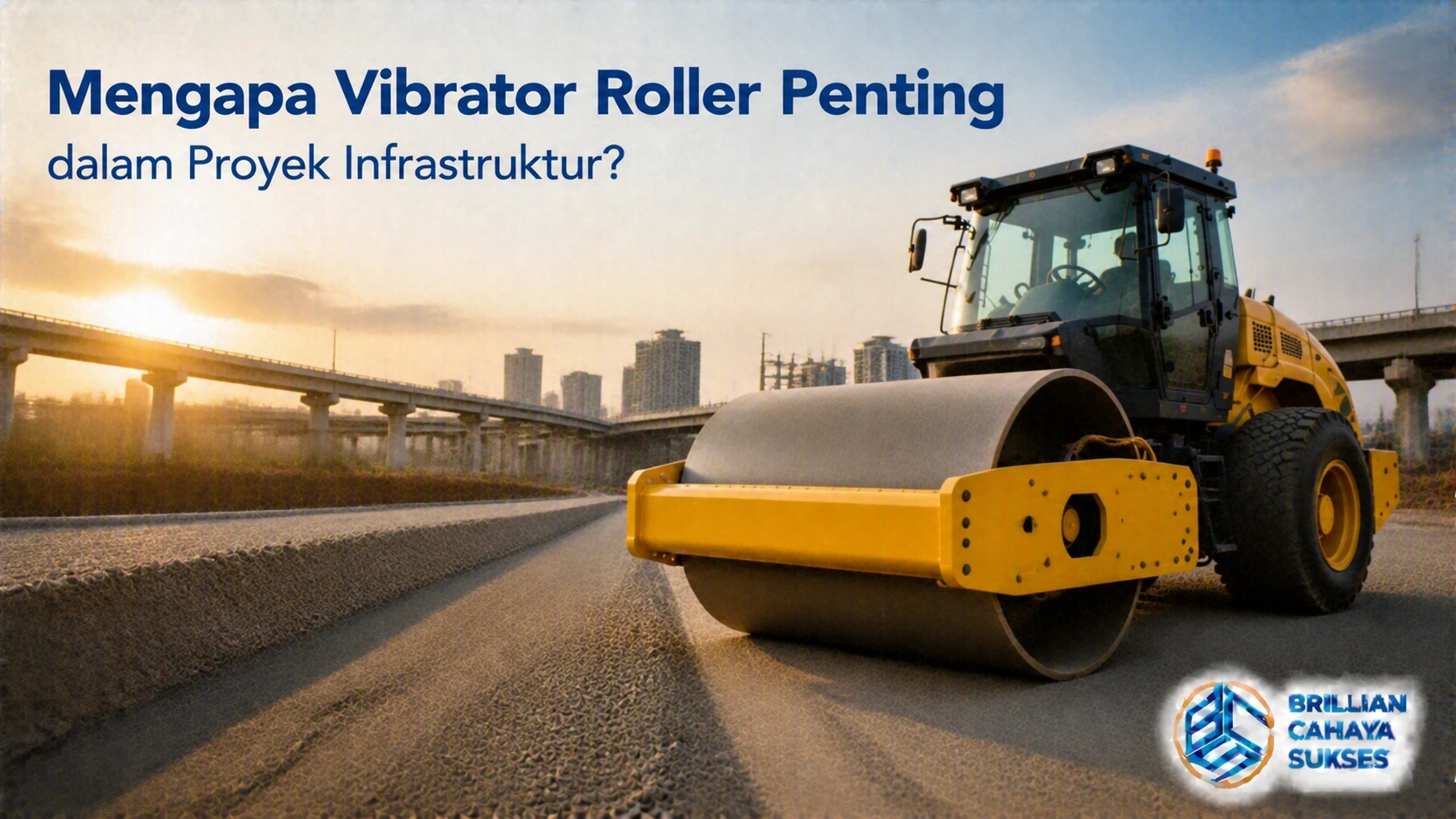 Vibrator Roller digunakan dalam proyek infrastruktur dengan latar area konstruksi jalan dan jembatan, menampilkan alat berat pemadat tanah berwarna kuning di lokasi pembangunan.