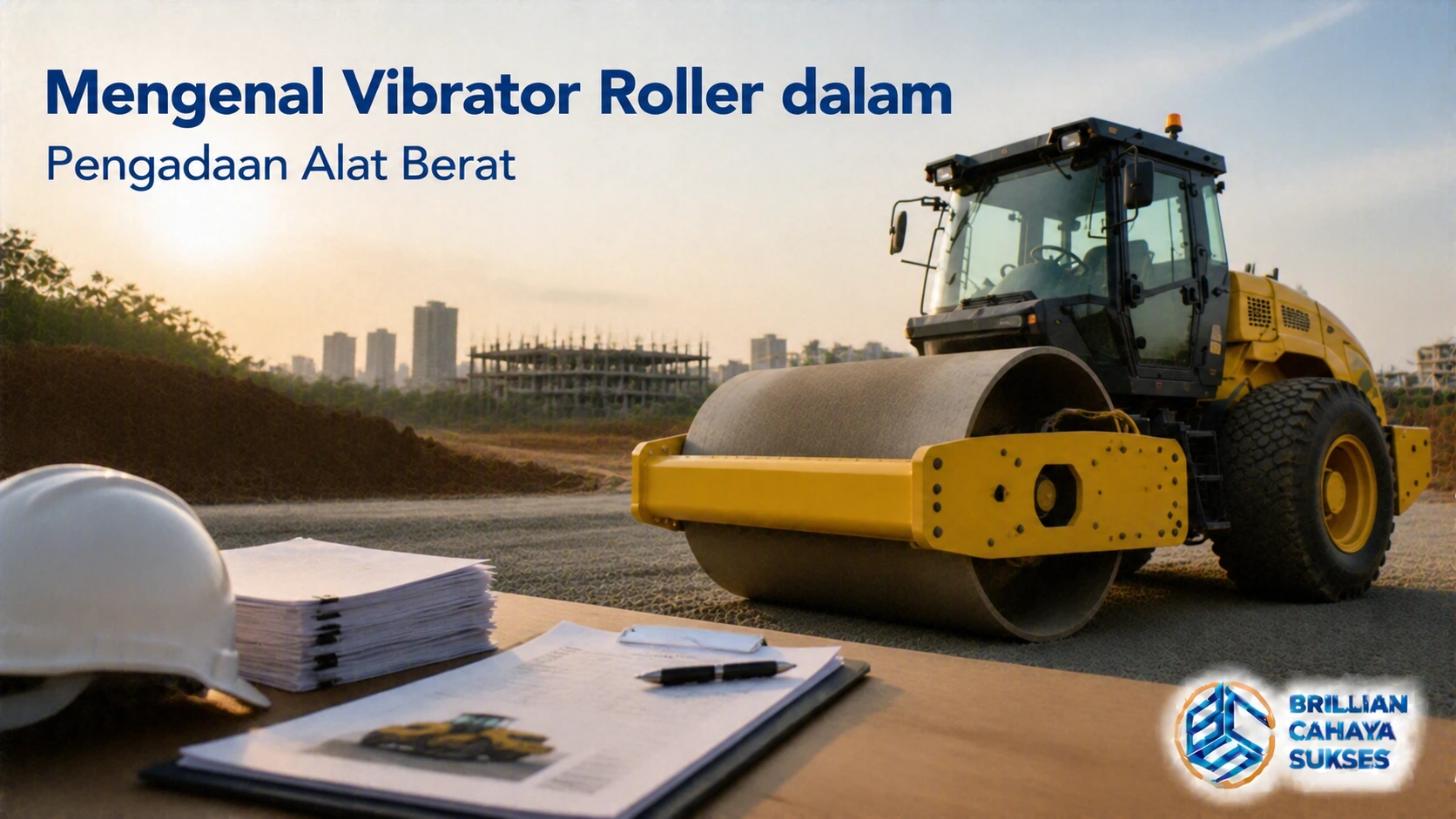 Mengenal Vibrator Roller dalam Pengadaan Alat Berat dengan tampilan alat berat pemadat jalan di area konstruksi