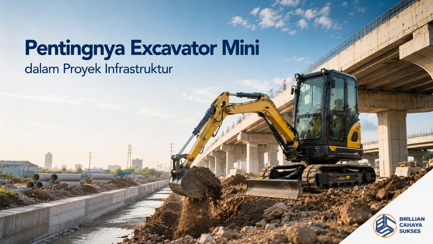 Excavator mini bekerja pada proyek infrastruktur di bawah konstruksi jembatan.