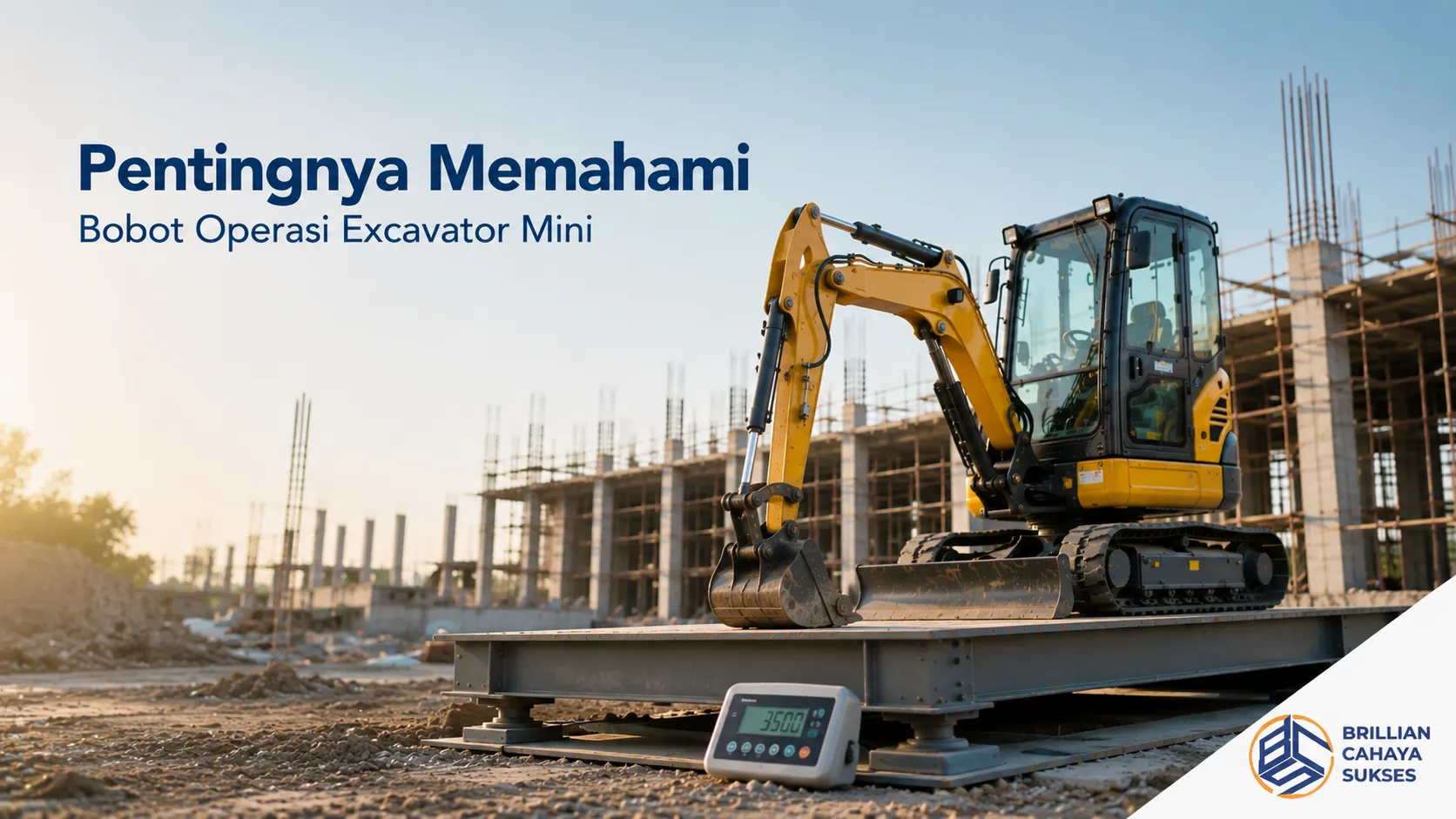 Excavator mini di atas timbangan untuk menunjukkan bobot operasinya.