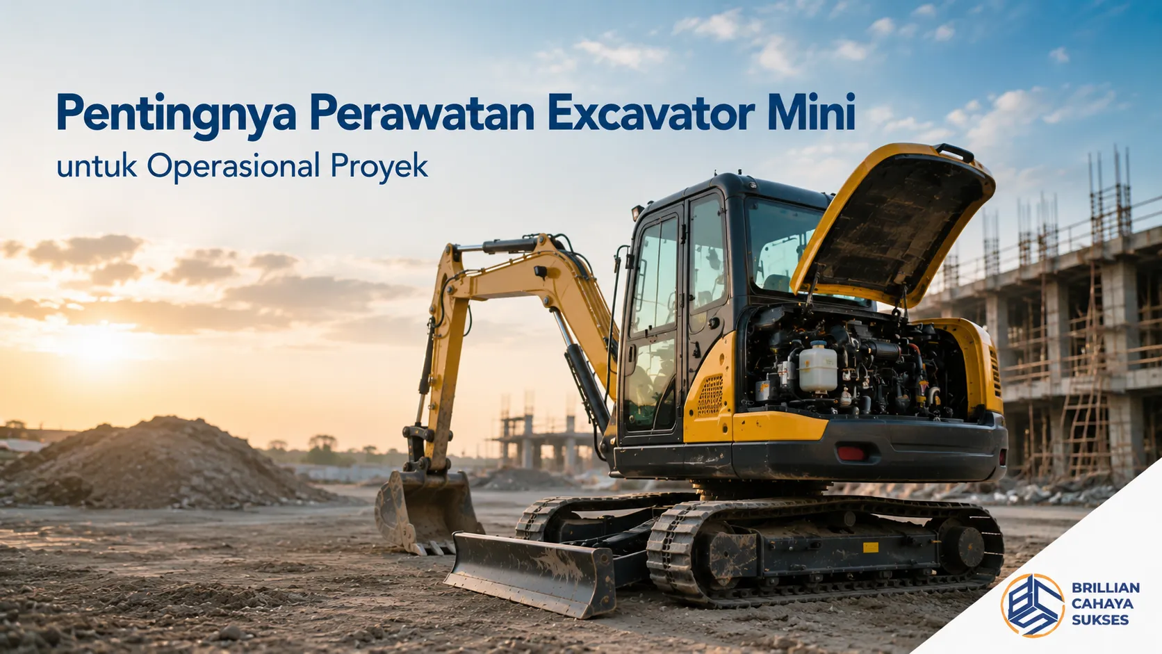 Excavator mini dengan kap mesin terbuka untuk perawatan.