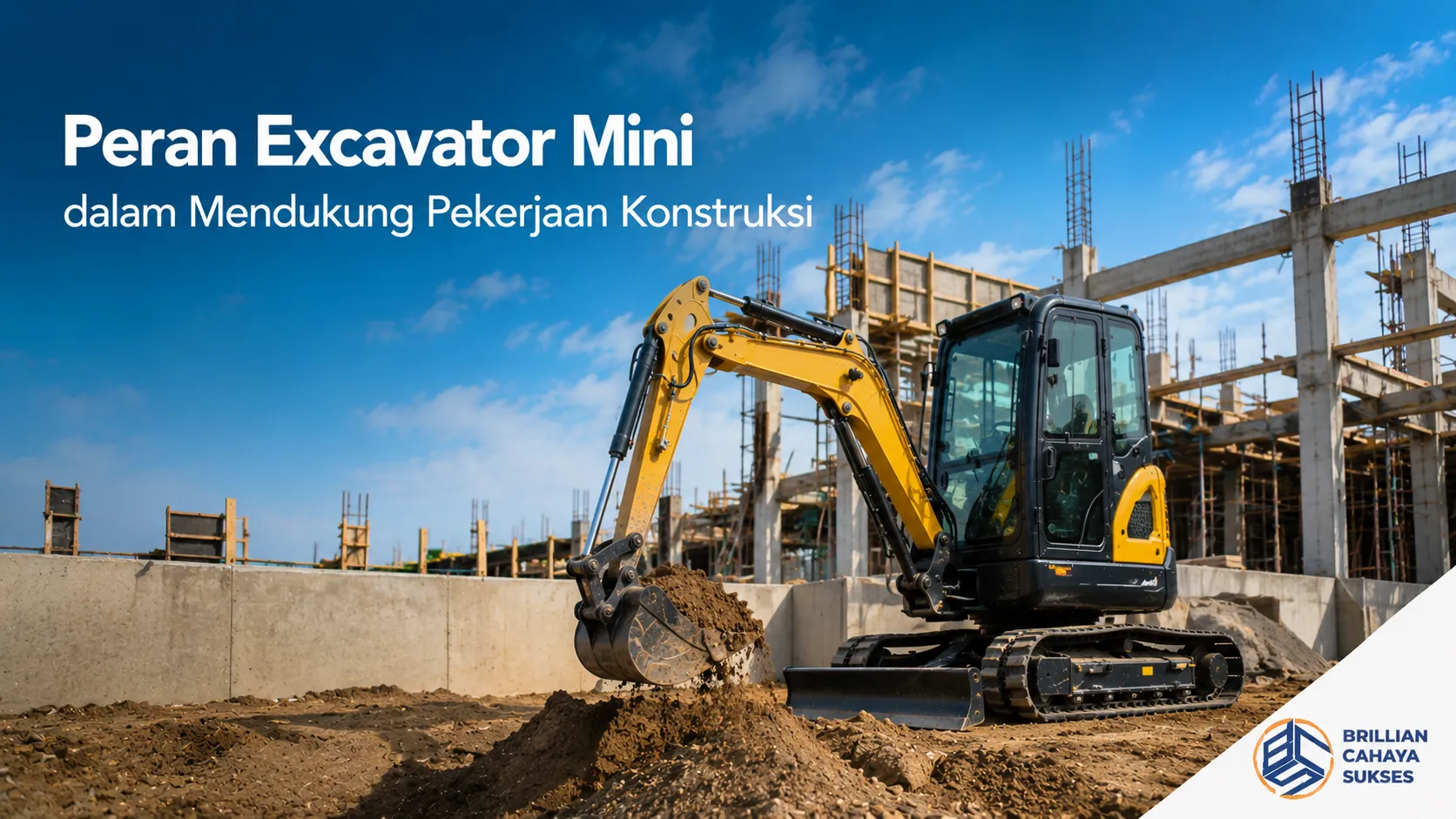 Excavator mini bekerja di area proyek konstruksi.