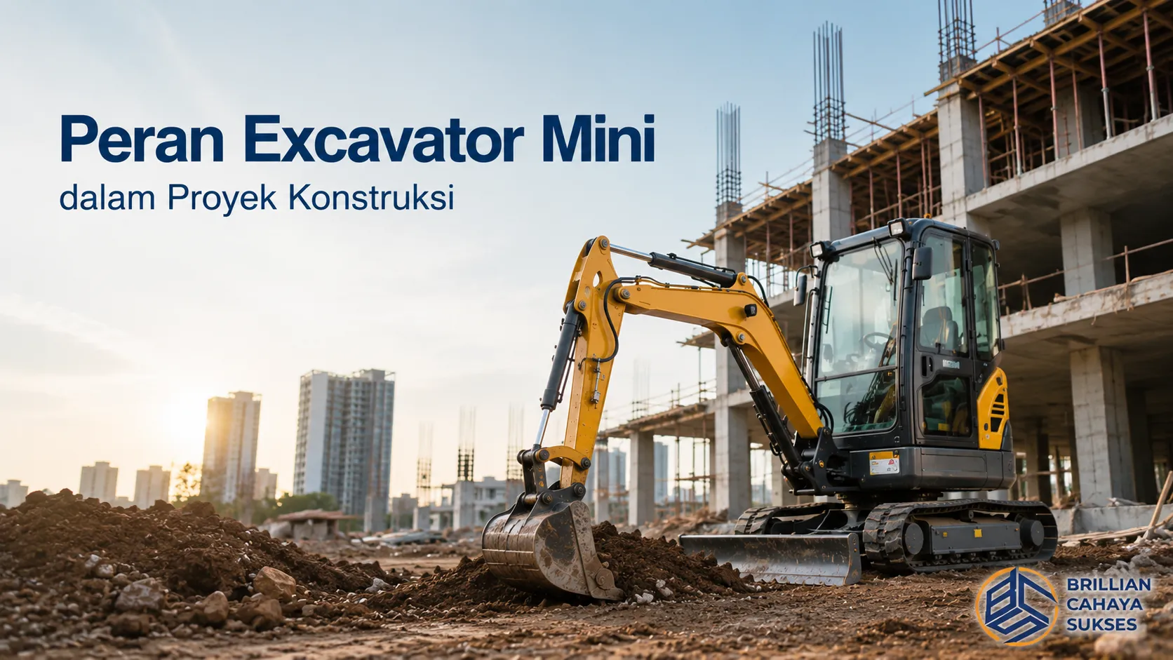 Excavator mini bekerja di area proyek konstruksi dengan latar bangunan.