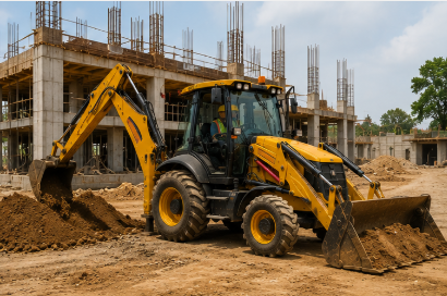 backhoe loader untuk penggalian pondasi bangunan proyek.