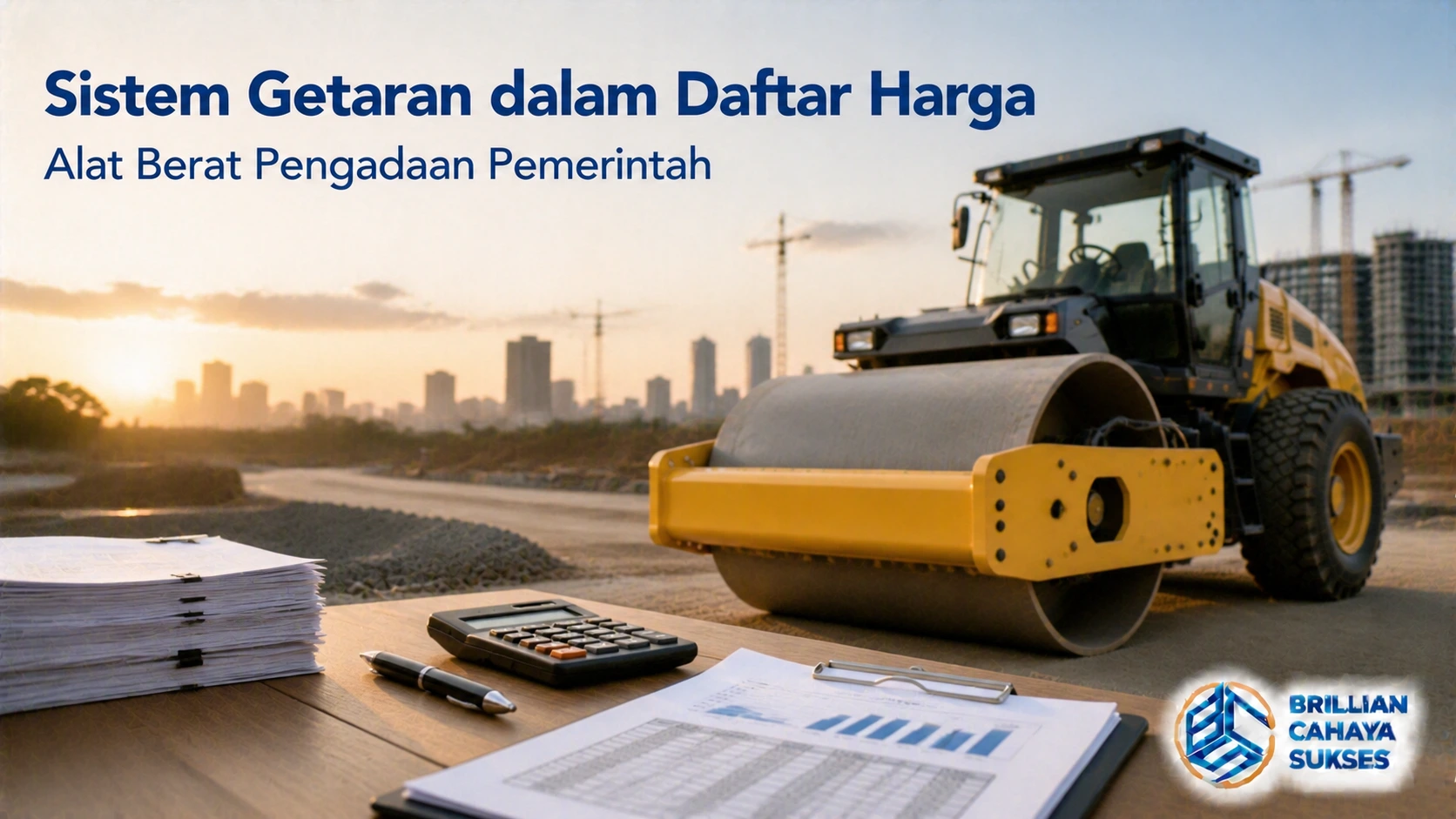 Sistem Getaran dalam Daftar Harga Alat Berat Pengadaan Pemerintah dengan ilustrasi vibrator roller di lokasi konstruksi dan dokumen perencanaan pengadaan.