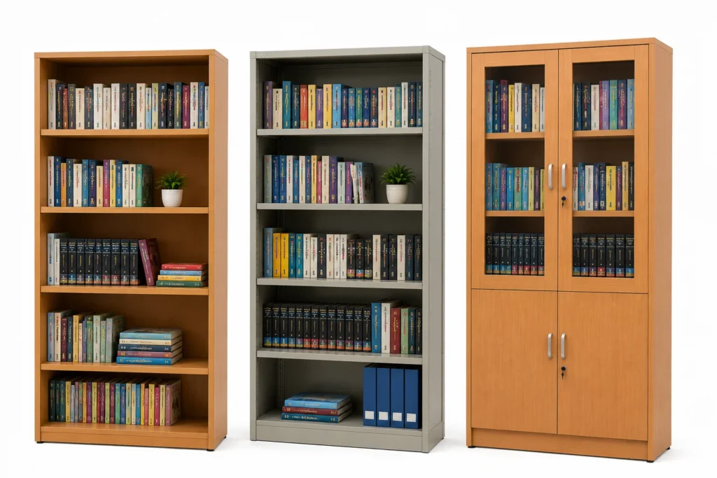 rak buku perpustakaan sekolah besi dan kayu