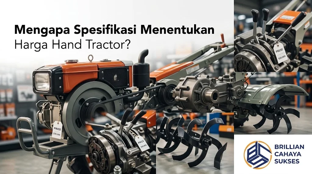 Banner berlatar ruang showroom dan bengkel perakitan mesin pertanian yang menampilkan detail komponen teknis dan mesin hand tractor, dengan teks Mengapa Spesifikasi Menentukan Harga Hand Tractor? serta logo Brillian Cahaya Sukses di pojok kanan bawah.
