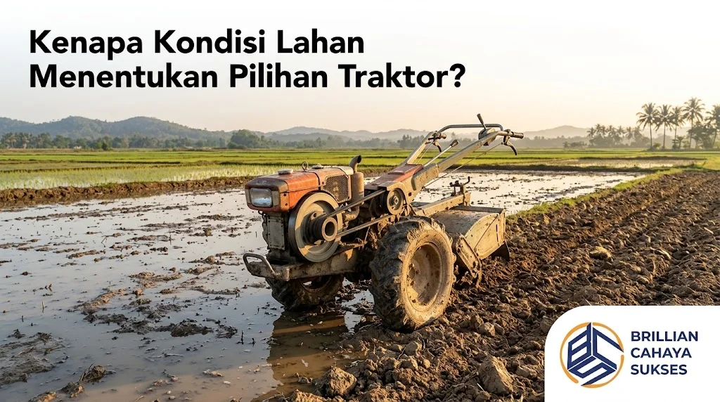 Banner berlatar lahan pertanian dan sawah berlumpur yang menampilkan traktor roda 2 di bagian tengah, dengan teks Kenapa Kondisi Lahan Menentukan Pilihan Traktor? di bagian kiri atas serta logo Brillian Cahaya Sukses di pojok kanan bawah.