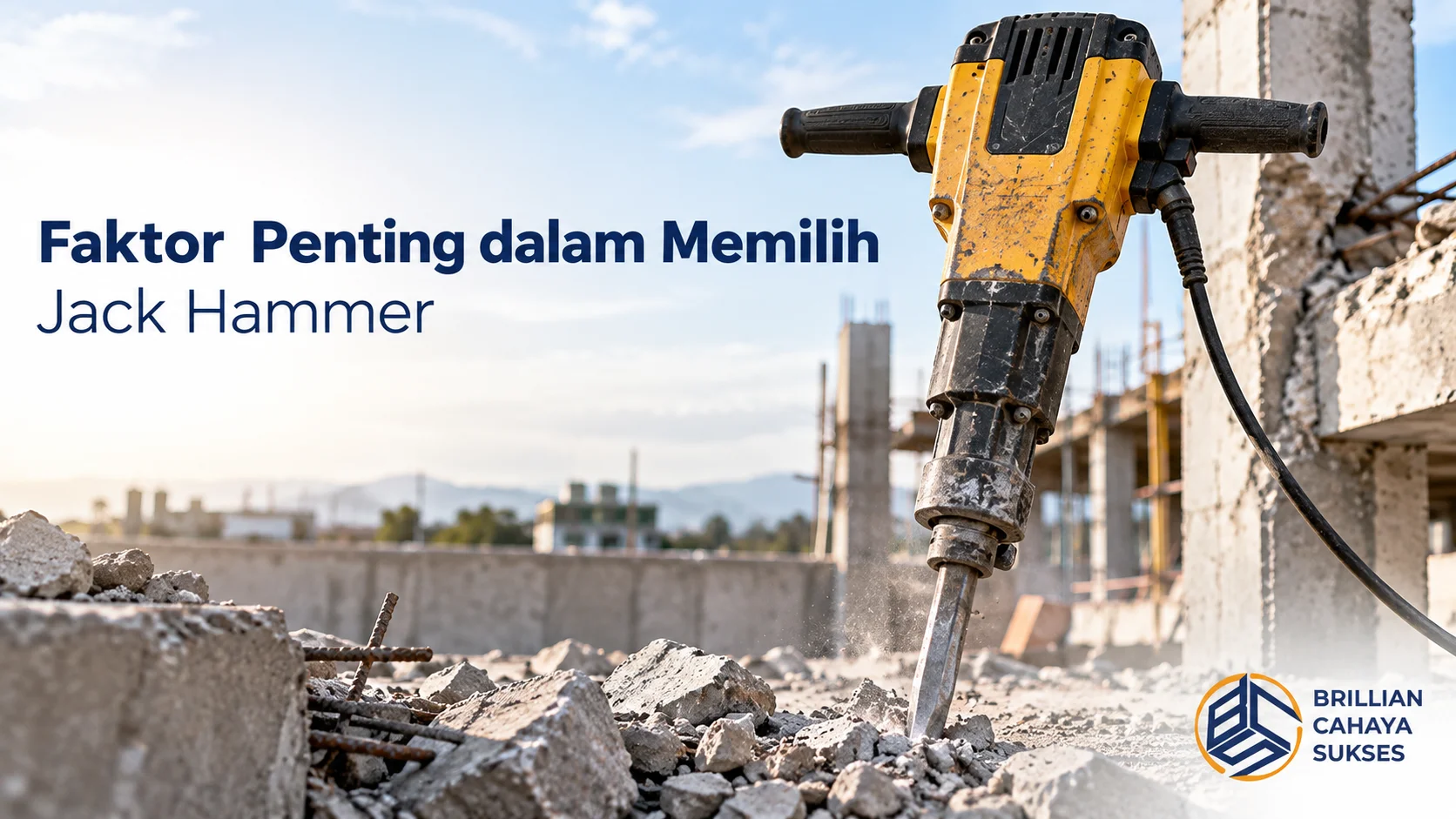 Jack hammer untuk pekerjaan konstruksi dengan latar area proyek