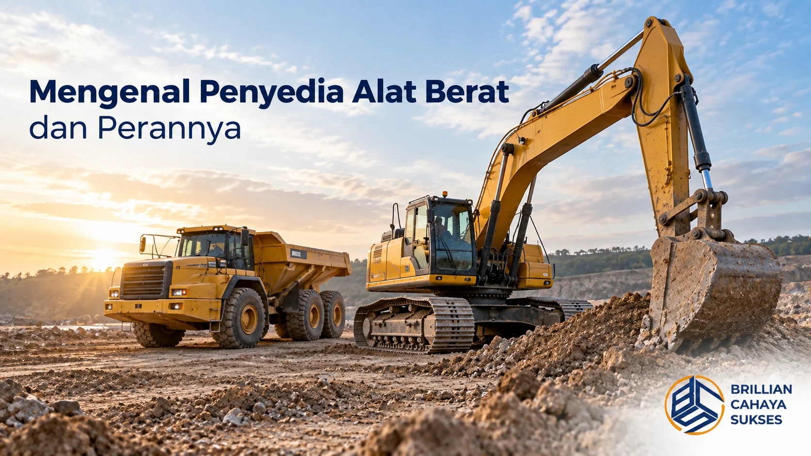 Faktor Penting Memilih Penyedia Alat Berat 1 Penyedia alat berat dengan excavator dan dump truck untuk mendukung pekerjaan konstruksi