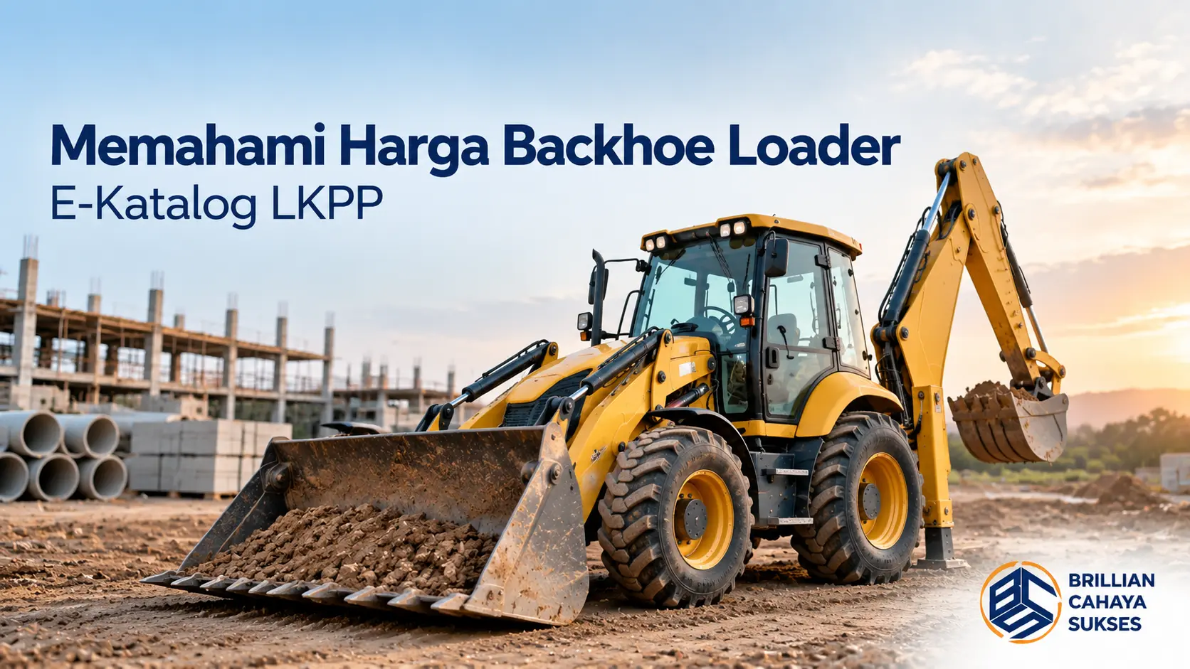 Backhoe loader kuning di area proyek konstruksi yang menggambarkan pembahasan harga backhoe loader melalui E-Katalog LKPP.