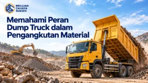 Truk Pengangkut Material TKDN berupa dump truck untuk mendukung pengangkutan material di area proyek konstruksi.