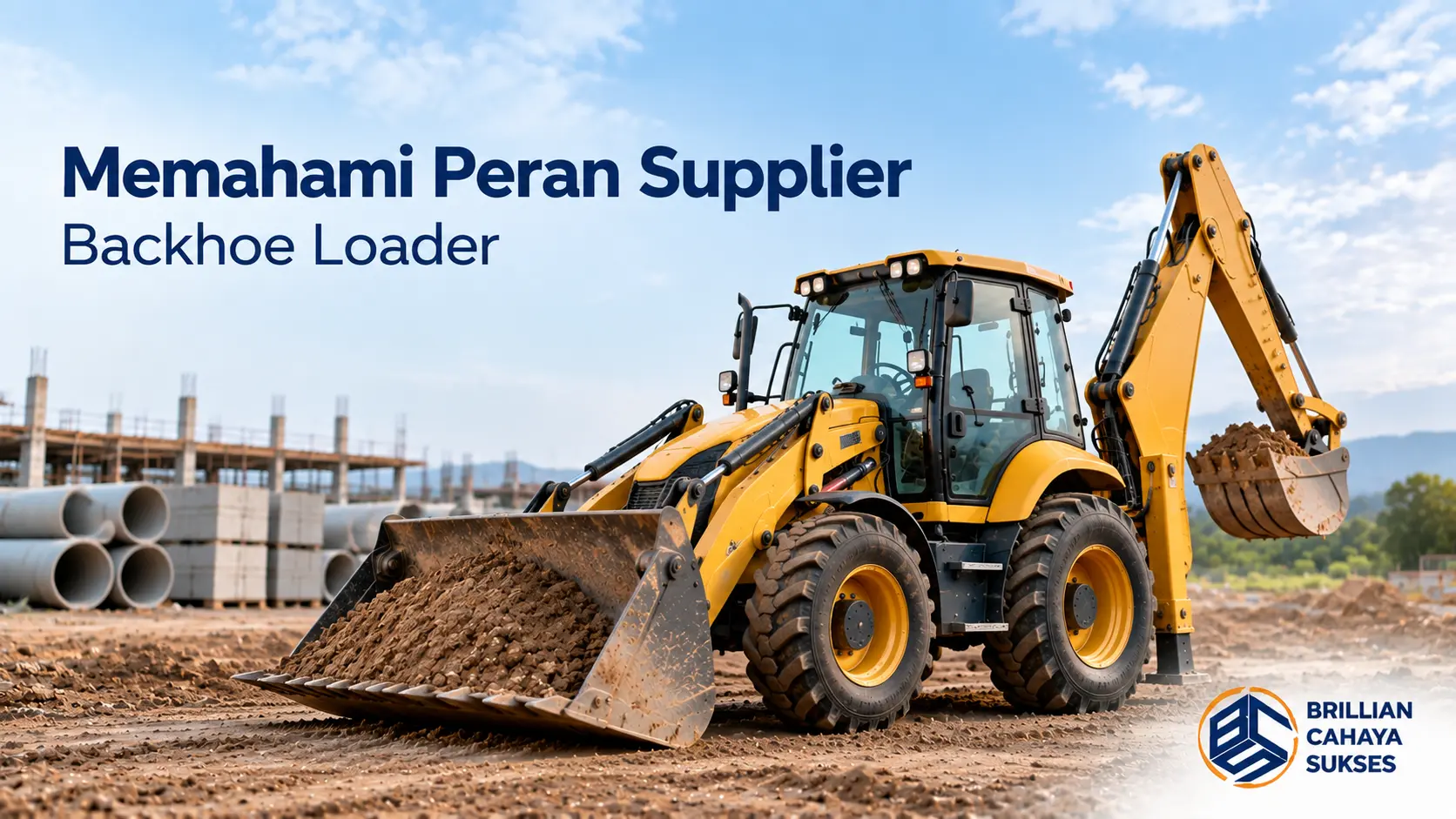 Cara Memilih Supplier Backhoe Loader Berkualitas 1 Backhoe loader kuning di area proyek konstruksi yang menggambarkan peran supplier dalam penyediaan alat berat untuk kebutuhan pekerjaan konstruksi.
