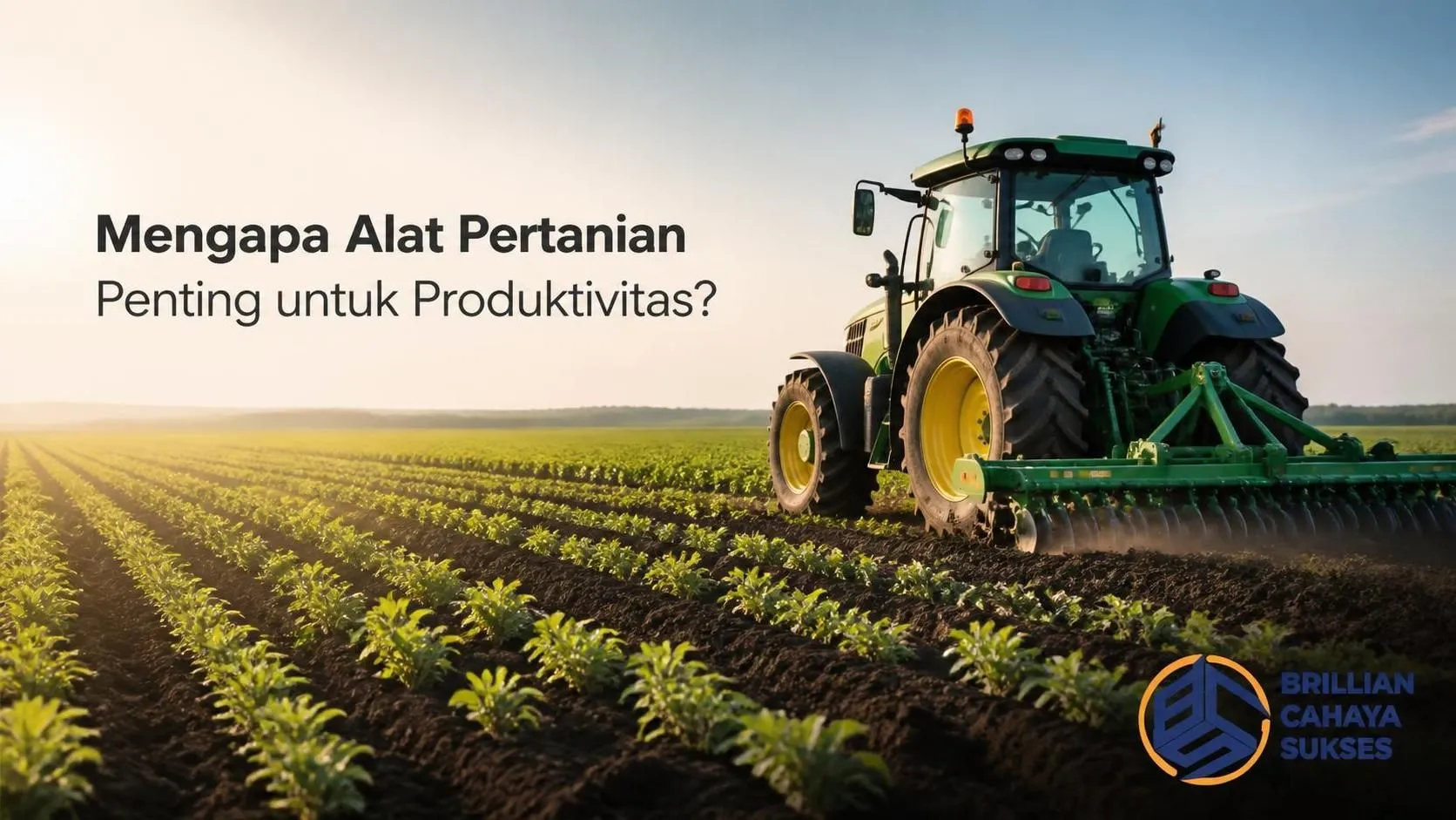 Banner realistis berlatar lahan pertanian hijau dengan traktor modern di sisi kanan, dilengkapi judul “Mengapa Alat Pertanian Penting untuk Produktivitas?” serta logo Brillian Cahaya Sukses di pojok kanan bawah.