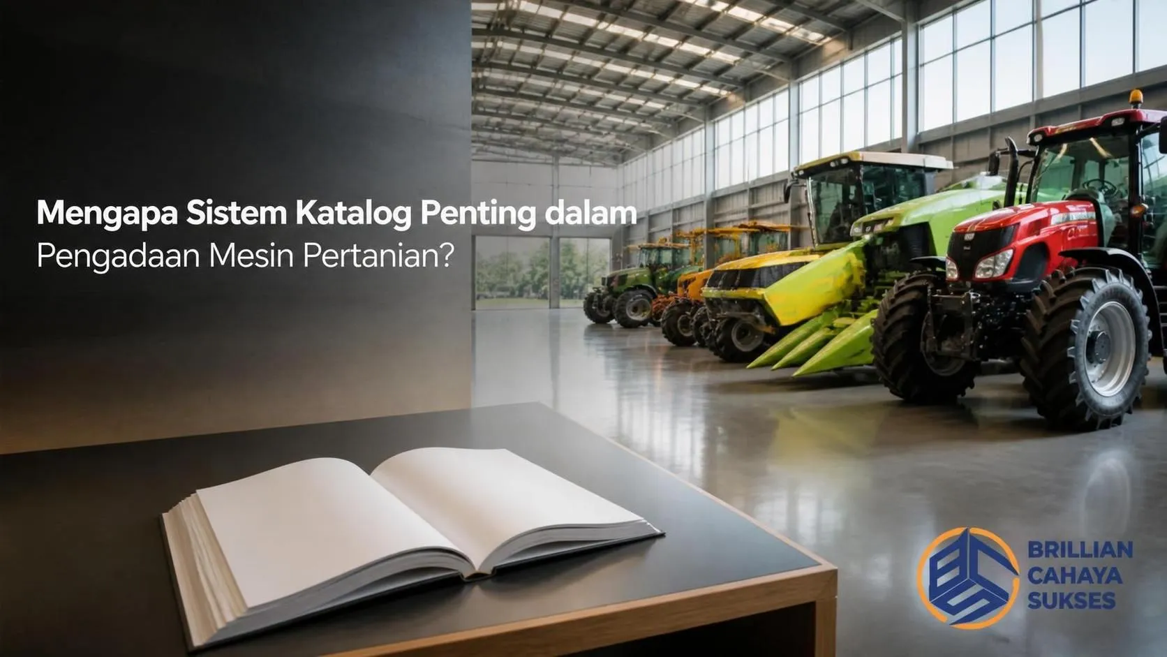 Banner realistis yang menampilkan katalog pengadaan terbuka dan beberapa mesin pertanian yang tersusun rapi di dalam showroom modern, dengan judul “Mengapa Sistem Katalog Penting dalam Pengadaan Mesin Pertanian?” serta logo Brillian Cahaya Sukses di pojok kanan bawah.