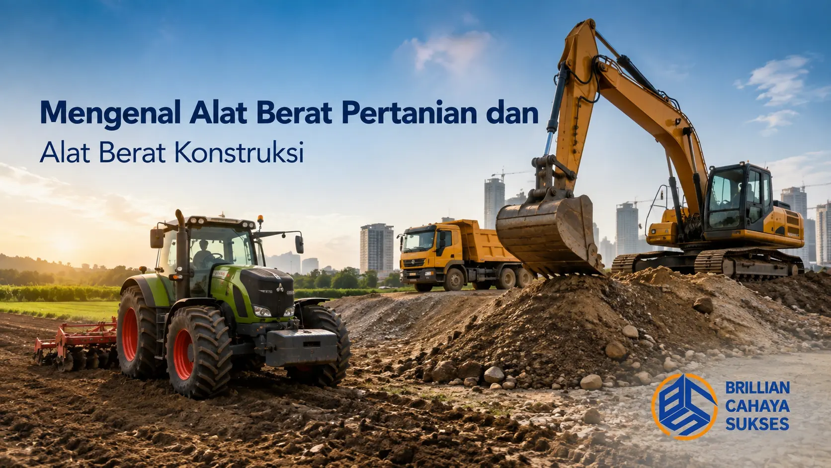 Alat berat pertanian dan alat berat konstruksi berupa traktor, ekskavator, dan dump truck di area kerja.