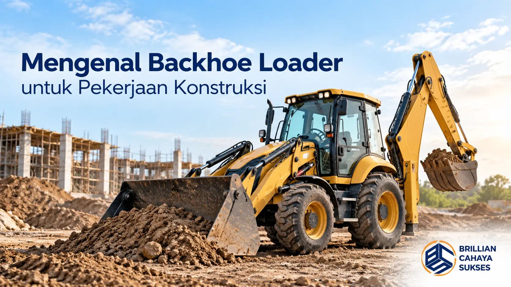Backhoe loader kuning di area konstruksi dengan latar proyek pembangunan untuk mengenal fungsi alat berat konstruksi.