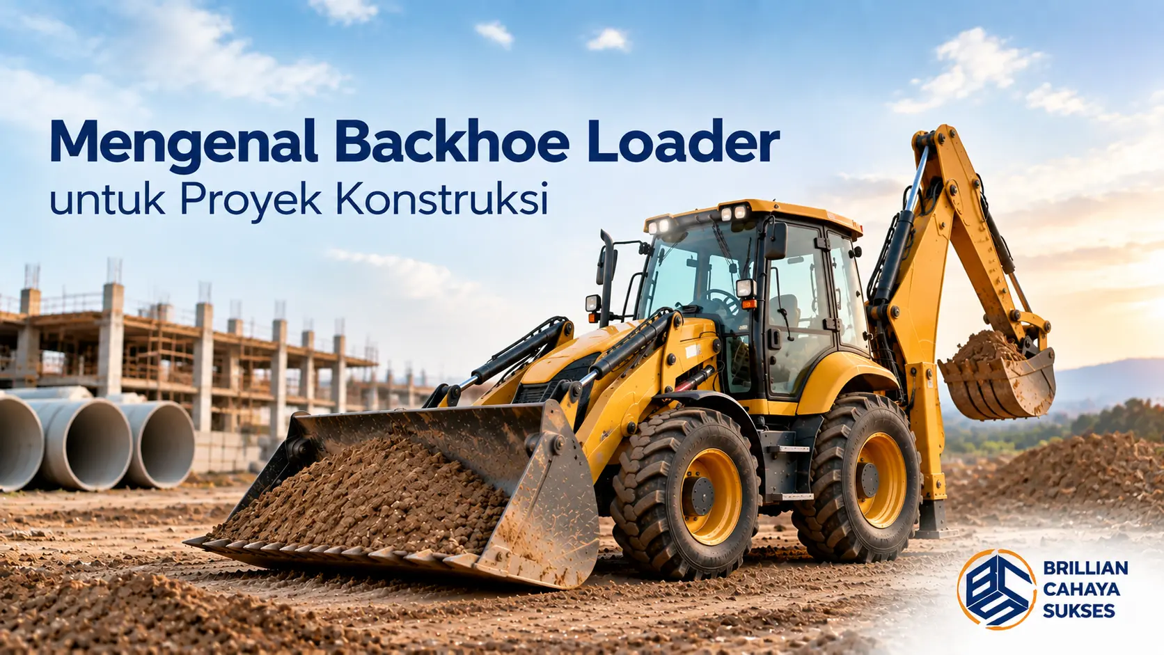 Backhoe loader kuning di area proyek konstruksi dengan latar pembangunan infrastruktur untuk mengenal fungsi alat berat pada proyek konstruksi.