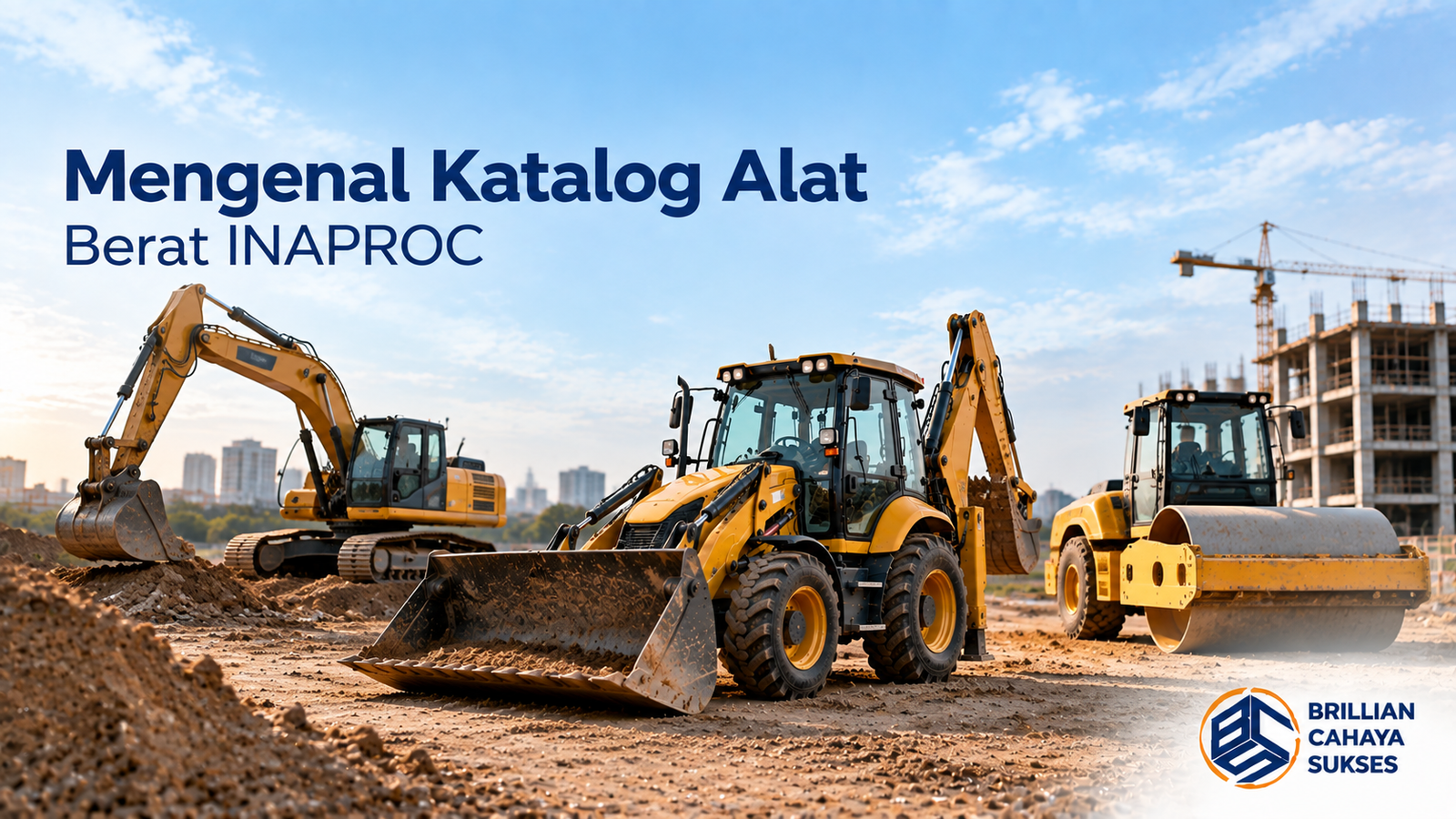 Mengenal Sistem Katalog Alat Berat untuk Kebutuhan Proyek 1 Katalog alat berat INAPROC menampilkan berbagai jenis alat berat konstruksi seperti excavator, backhoe loader, dan road roller di area proyek pembangunan.