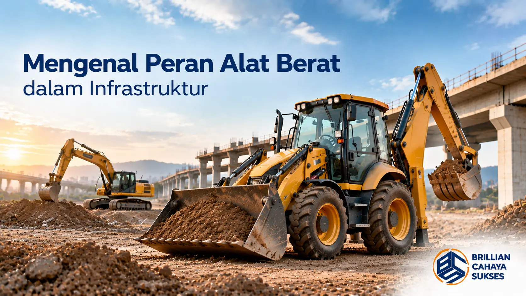 Peran Alat Berat dalam Mendukung Pembangunan Infrastruktur 1 Alat berat konstruksi seperti backhoe loader dan excavator bekerja di area pembangunan infrastruktur dengan latar proyek jembatan.