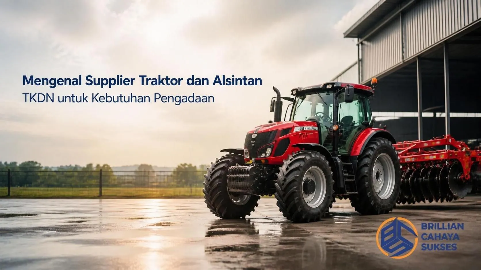 Banner realistis yang menampilkan traktor pertanian modern dengan alat dan mesin pertanian terpasang di area fasilitas pemasok, disertai judul “Mengenal Supplier Traktor dan Alsintan TKDN untuk Kebutuhan Pengadaan” serta logo Brillian Cahaya Sukses di pojok kanan bawah.