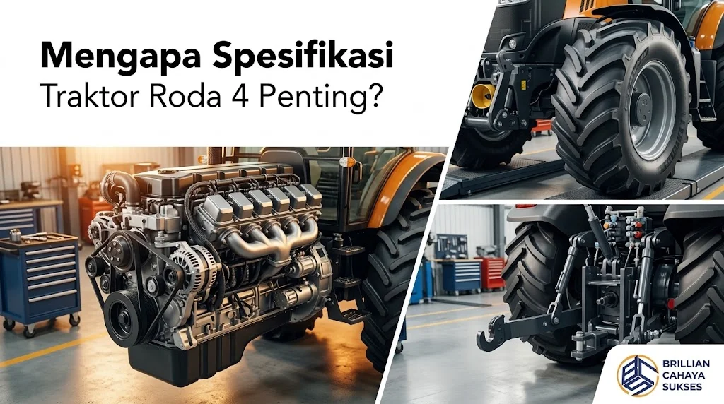 Banner berlatar bengkel perawatan alat berat pertanian yang menampilkan detail mesin, ban besar, dan komponen teknis traktor roda 4, dengan teks Mengapa Spesifikasi Traktor Roda 4 Penting? di kiri atas serta logo Brillian Cahaya Sukses di pojok kanan bawah.