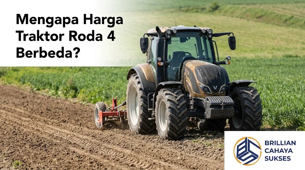 Banner berlatar lahan pertanian yang luas dengan traktor roda 4 modern mengolah tanah, menampilkan teks Mengapa Harga Traktor Roda 4 Berbeda? di bagian kiri atas dan logo Brillian Cahaya Sukses di pojok kanan bawah.