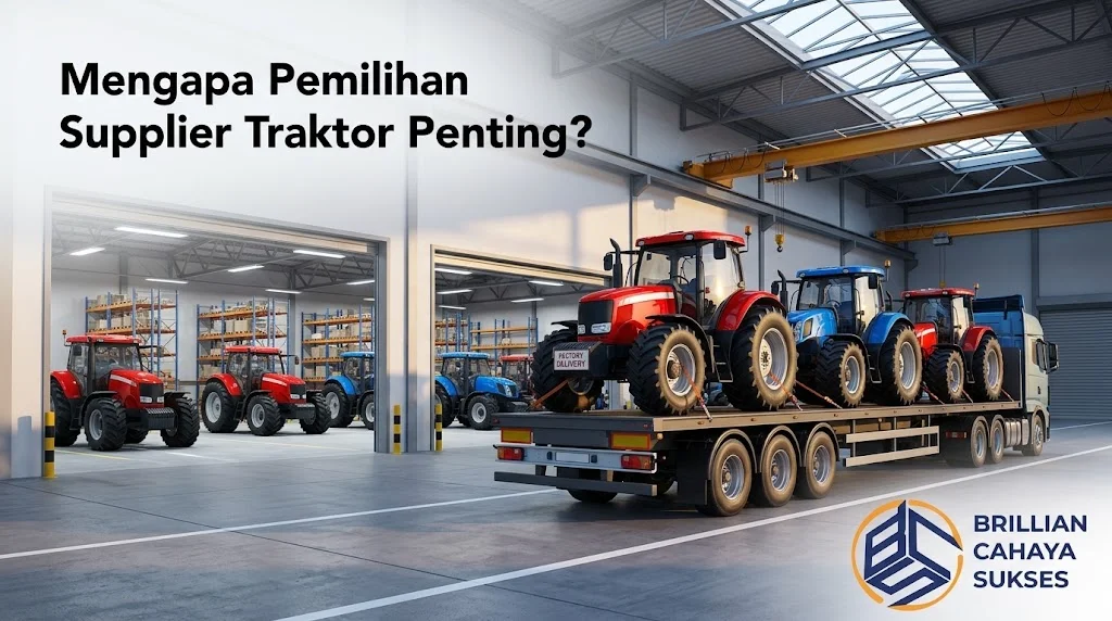 Banner berlatar gudang logistik distribusi mesin pertanian yang menampilkan deretan traktor di atas truk pengangkut, dengan teks Mengapa Pemilihan Supplier Traktor Penting? di kiri atas serta logo Brillian Cahaya Sukses di pojok kanan bawah.