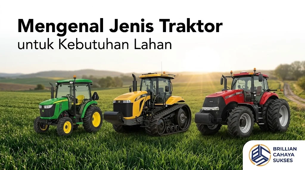 Banner berlatar pemandangan lahan pertanian hijau yang menampilkan tiga jenis traktor pertanian modern, dengan teks Mengenal Jenis Traktor untuk Kebutuhan Lahan di kiri atas serta logo Brillian Cahaya Sukses di pojok kanan bawah.