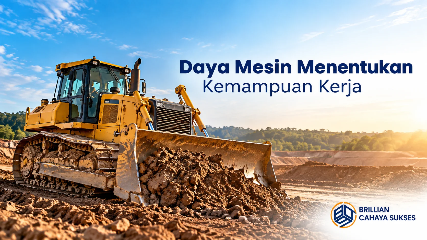 Bulldozer bekerja mendorong material tanah di area proyek konstruksi untuk menunjukkan kemampuan kerja alat berat.