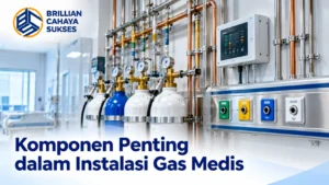 Instalasi Gas Medis E-Katalog LKPP dengan komponen sentral gas medis, tabung gas, regulator, pipa distribusi, outlet gas medis, dan sistem alarm untuk fasilitas kesehatan.