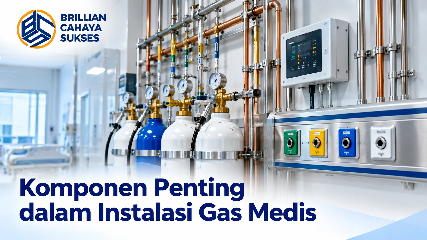 Instalasi Gas Medis E-Katalog LKPP dengan komponen sentral gas medis, tabung gas, regulator, pipa distribusi, outlet gas medis, dan sistem alarm untuk fasilitas kesehatan.