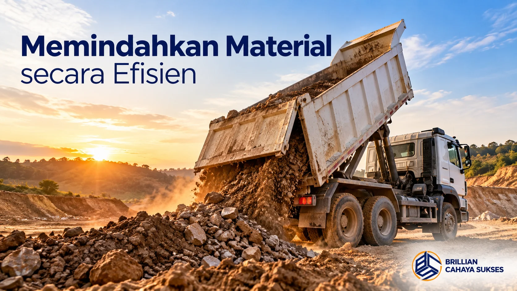 Dump truck mengangkut dan memindahkan material konstruksi di area proyek.