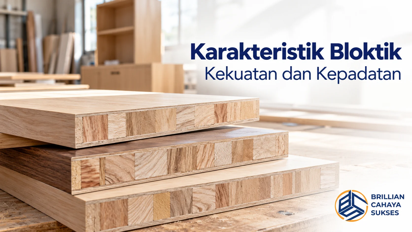 karakteristik bloktik yang menampilkan susunan papan blockboard dengan inti potongan kayu solid dan lapisan veneer di lingkungan bengkel kayu.