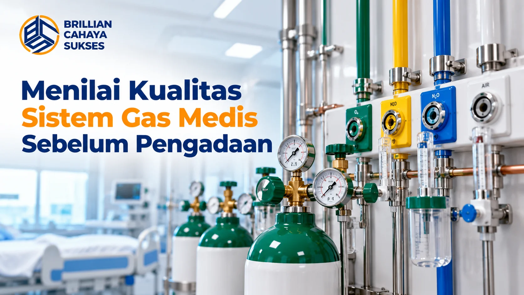 Gas Medik Pengadaan Pemerintah – Sistem gas medis rumah sakit dengan tabung gas, regulator, manometer, dan saluran distribusi.
